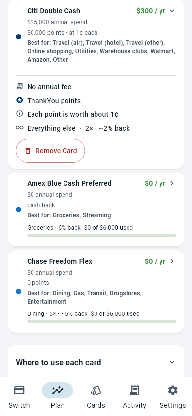 A card expanded in the Cardflare Plan tab, showing yearly value, annual spend, reward currency, what each point is worth, and the categories the card is best for.