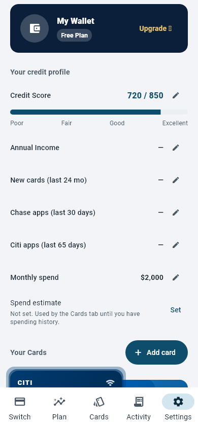 The top of the Cardflare Settings tab: the wallet header, the credit profile with credit score and income, spend estimate, and the start of the card list. Account and data options, including Delete account, are further down the same screen.